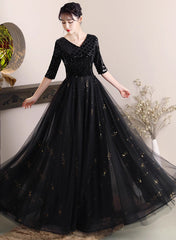 Black A-line Sequins and Tulle Long Formal Dress