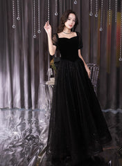 A-line Black Tulle and Velvet Short Sleeves Prom Dress