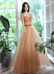 Champagne A-line Short Sleeves Prom Dress