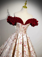 Beautiful Floral Satin Sweetheart Off Shoulder Prom Dress