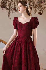 Wine Red Sweetheart Floral A-line Prom Dress