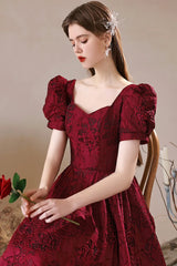 Wine Red Sweetheart Floral A-line Prom Dress