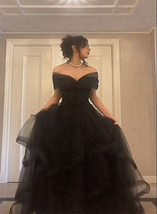 Black Tulle Sweetheart Off Shoulder Long Party Dress