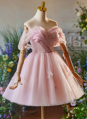 Lindo vestido de fiesta de tul rosa claro con hombros descubiertos