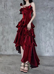 Wine Red High Low Straps Homecoming Dress Party Dress