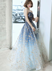 Blue Gradient Beaded A-line Floor Length Party Dress