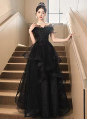 A-line Black Tulle and Lace Off Shoulder Party Dress