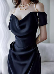 Black Off Shoulder Soft Satin Floor Length Party Dress