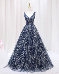 Blue V-neckline Lace Tulle Floor Length Party Dress