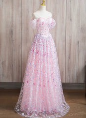 Vestido de fiesta rosa con encaje, corte A, hombros descubiertos y largo hasta el suelo