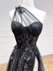 Vestido de fiesta de tul con un solo hombro, apliques de encaje y abertura alta