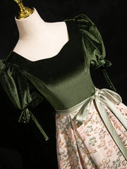 Green Velvet Floral Satin Long A-line Prom Dress