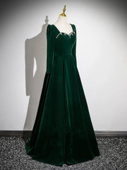 Green Velvet Beaded Long Sleeves Prom Dress