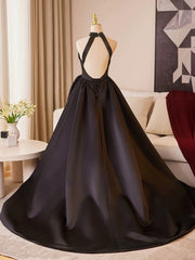 Black Satin Haler Open Back Long Prom Dress