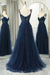 A-line Navy Blue Tulle Sweetheart with Lace Prom Dress