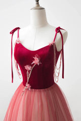 Vestido de fiesta largo de tul rosa con tirantes degradados y corte A
