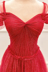 Vestido de fiesta rojo de tul brillante, largo hasta el suelo, corte A