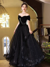 Vestido de fiesta largo de tul y terciopelo negro con escote en forma de corazón, vestido de fiesta negro de manga corta