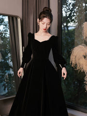 A-line Black Velvet Long Sleeves Simple Style Prom Dress