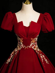 Vestido de fiesta largo de manga corta de terciopelo rojo vino