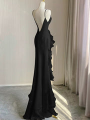 Vestido de fiesta negro de sirena con escote redondo y espalda baja