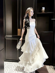 White Mermaid Straps Layers Satin Party Dress
