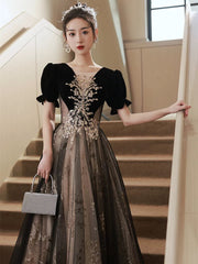 A-line Black Tulle and Velvet Floor Length Party Dress