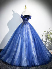 Blue Tulle with Lace Off Shoulder Party Dress