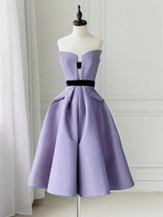 A-Line Light Purple Satin Knee Length Prom Dress
