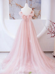Vestido de fiesta de tul rosa claro con cuentas y hombros descubiertos, corte A