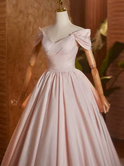Vestido de fiesta princesa rosa con hombros descubiertos, corte A y perlas