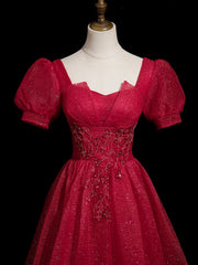 Wine Red Beaded Short Sleevs A-line Party Dress