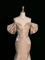 Champagne Mermaid Off The Shoulder Satin Long Party Dress