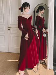 Vestido de noche de terciopelo rojo vino con mangas largas y corte A