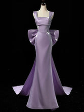 Purple Satin Mermaid Satin Long Party Dress with Bow