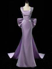 Purple Satin Mermaid Satin Long Party Dress with Bow