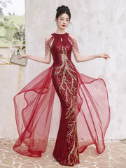 Wine Red Sequins Mermaid Long Party Dress with Lace