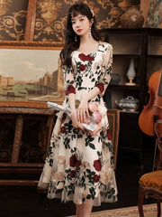 Ivory Floral Tea Length Wedding Party Dress with Sleeves