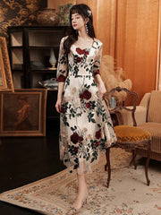Ivory Floral Tea Length Wedding Party Dress with Sleeves
