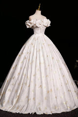 Beautiful A-line Floral Satin Off Shoulder Long Formal Gowns