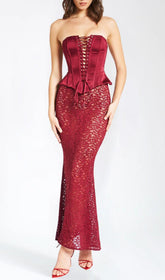 Aponi Burgundy Luxe Corset & Lace Maxi Dress