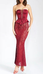 Aponi Burgundy Luxe Corset & Lace Maxi Dress