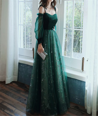A-line Green Tulle with Lace Long Party Dress