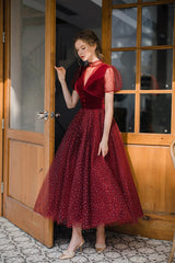 Wine Red Velvet and Tulle Tea Length Party Dress