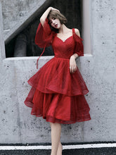 Wine Red Tulle Straps V-neckline Short Party Dress