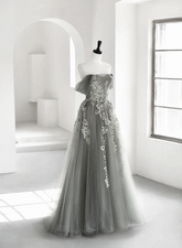 Light Grey A-line Tulle Long Formal Dress