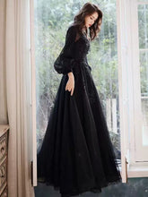 Black Tulle Puffy Long Sleeves Party Dress with Beadings