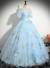 Beautiful Blue Tulle Short Sleeves Sweet 16 Dress with Bow