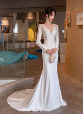 Vestido de fiesta de boda de sirena de satén blanco con mangas largas y encaje