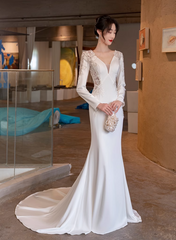 Vestido de fiesta de boda de sirena de satén blanco con mangas largas y encaje